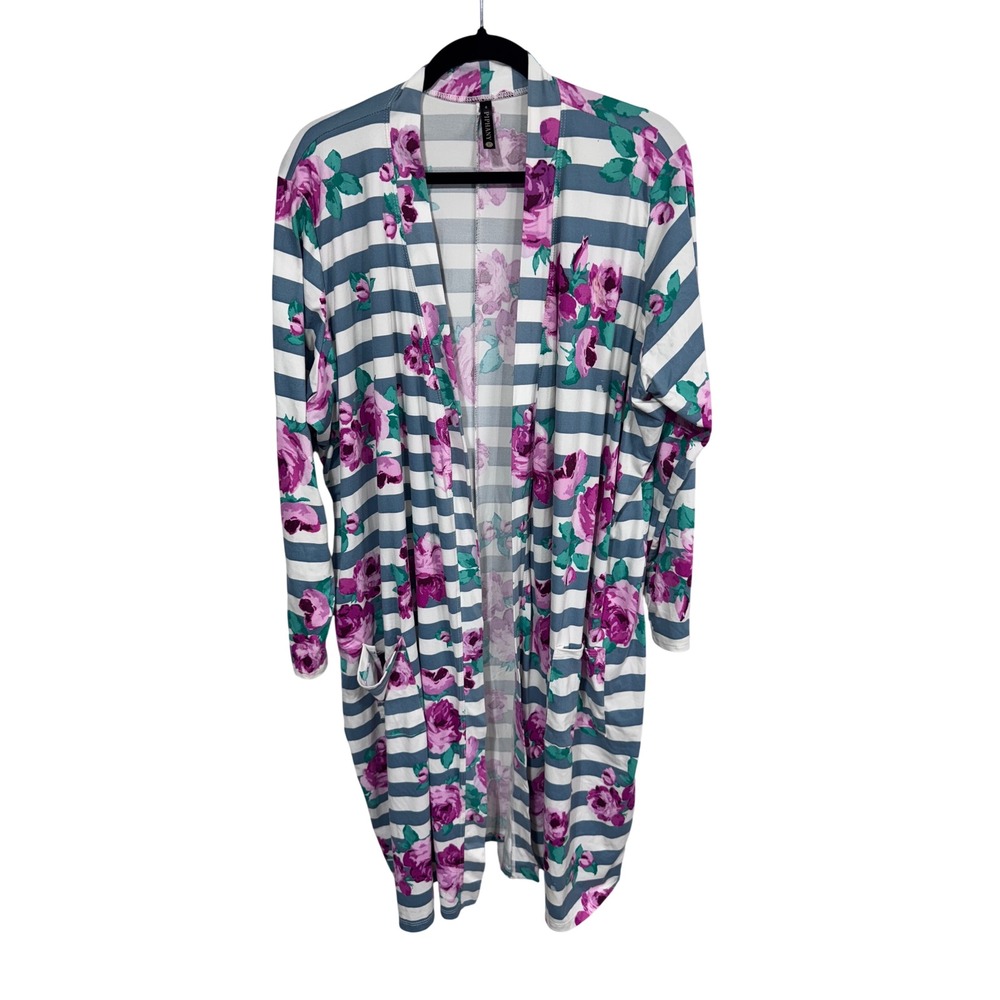 Piphany XL Blue Floral Striped Cardigan‎ Women's Long Sleeve Open Front